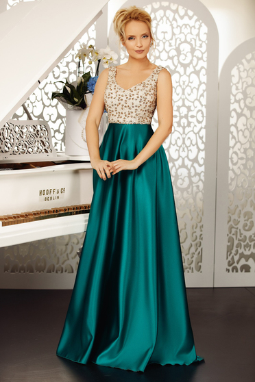 Darkgreen dress occasional cloche from satin with sequins sleeveless with v-neckline