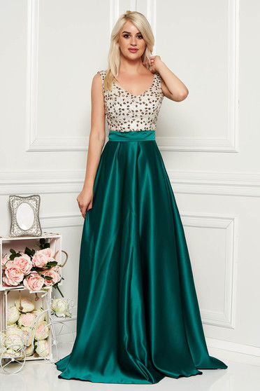 Darkgreen dress occasional cloche from satin with sequins sleeveless with v-neckline