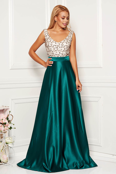 Darkgreen dress occasional cloche from satin with sequins sleeveless with v-neckline