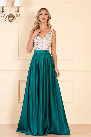 Darkgreen dress occasional cloche from satin with sequins sleeveless with v-neckline