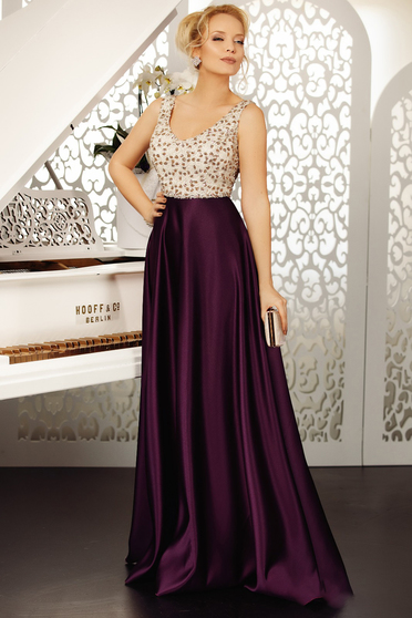 Purple dress occasional cloche from satin with sequins sleeveless with v-neckline