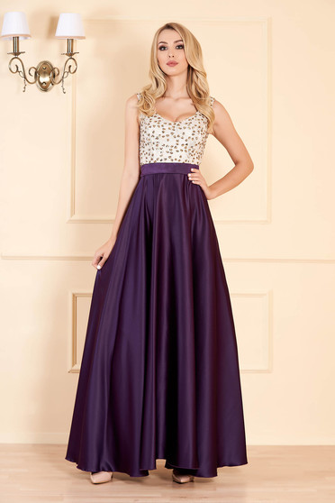 Purple dress occasional cloche from satin with sequins sleeveless with v-neckline