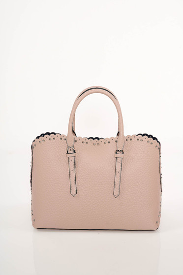 Lightpink office bag natural leather with metallic spikes short handles