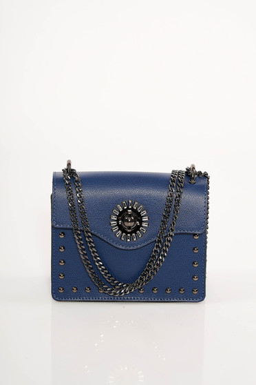 Darkblue bag natural leather with metallic spikes long chain handle leather