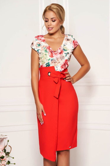 Coral elegant daily pencil dress with v-neckline slightly elastic fabric