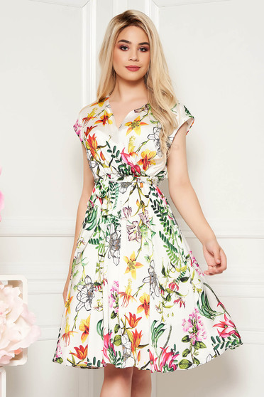White daily cloche dress elastic waist with v-neckline from satin fabric texture with floral prints