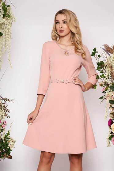 Pink elegant cloche dress soft fabric handmade details accessorized with belt