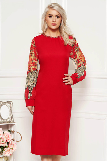 Red occasional dress with tented cut transparent sleeves with small beads embellished details