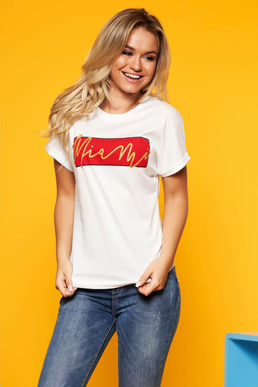 White t-shirt slightly elastic cotton casual with easy cut