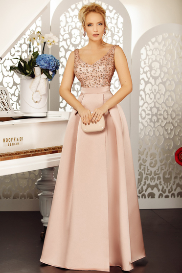 Lightpink occasional cloche dress with v-neckline from satin fabric texture with sequin embellished details