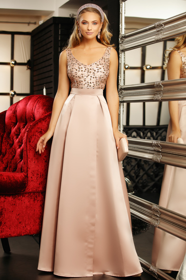 Lightpink occasional cloche dress with v-neckline from satin fabric texture with sequin embellished details