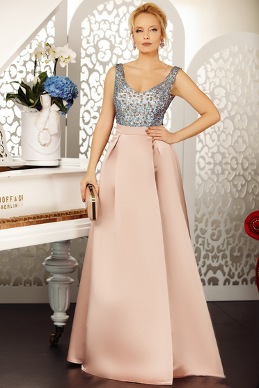 Lightpink occasional cloche dress with v-neckline from satin fabric texture with sequin embellished details