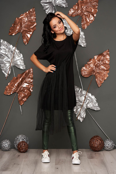 Black t-shirt casual flared short sleeves thin fabric long