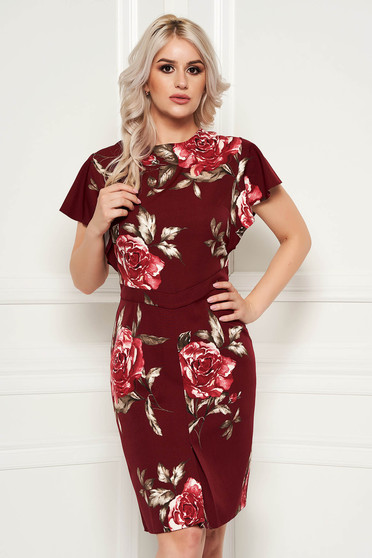 Burgundy elegant pencil dress short sleeve soft fabric with floral prints