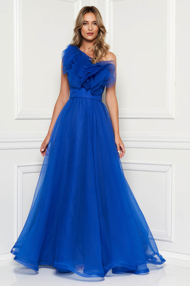 Ana Radu blue dress luxurious from tulle with inside lining with ruffles on the chest one shoulder