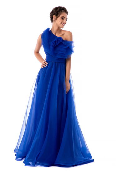 Ana Radu blue dress luxurious from tulle with inside lining with ruffles on the chest one shoulder