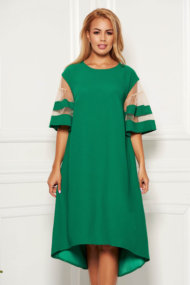 Green elegant flared asymmetrical dress thin fabric short sleeves