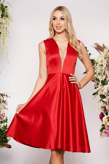 Red occasional asymmetrical cloche dress with deep cleavage from satin