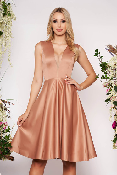 Cappuccino occasional asymmetrical cloche dress with deep cleavage from satin