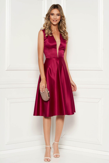 Fuchsia occasional asymmetrical cloche dress with deep cleavage from satin