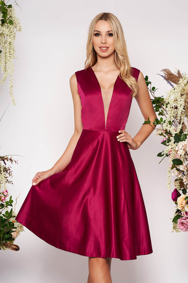 Fuchsia occasional asymmetrical cloche dress with deep cleavage from satin
