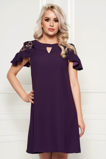 Purple elegant flared dress short sleeves voile fabric