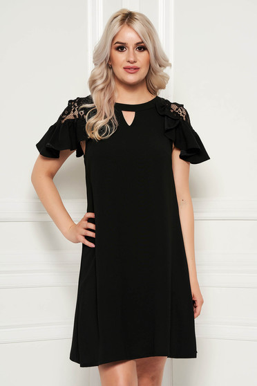 Black elegant flared dress short sleeves voile fabric