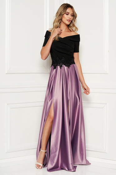 Occasional lila dress from satin fabric texture with embroidery details on the shoulders cloche