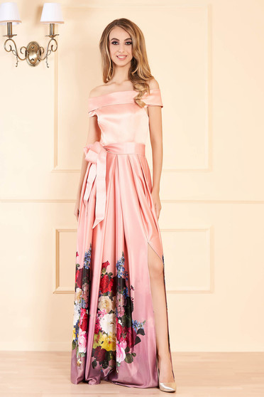 Peach occasional cloche dress from satin fabric texture with floral print off-shoulder