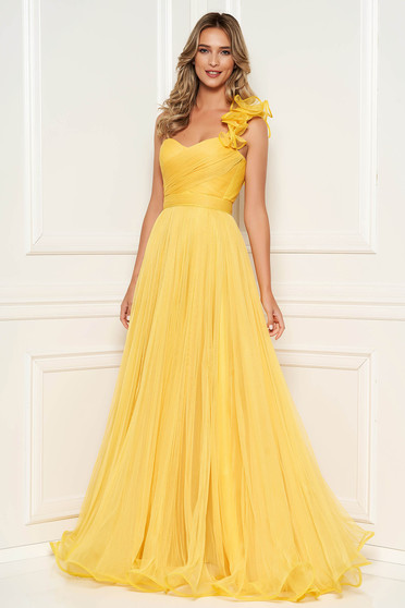 Ana Radu yellow luxurious long dress from tulle with push-up cups and flaring cut