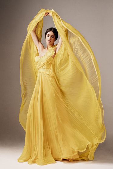 Ana Radu yellow luxurious long dress from tulle with push-up cups and flaring cut