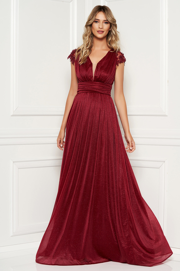 Burgundy occasional long cloche dress with laced sleeves