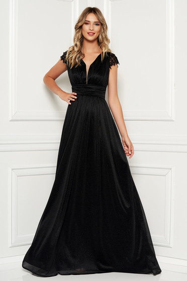 Black occasional long cloche dress with laced sleeves