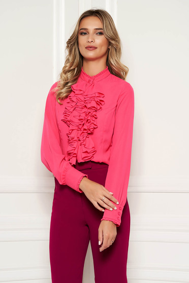 StarShinerS fuchsia office women`s blouse with ruffles on the chest transparent chiffon fabric and high collar
