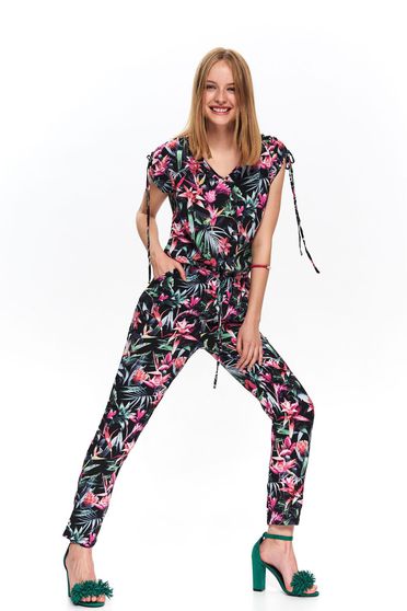 Black jumpsuit occasional long with floral print is fastened around the waist with a ribbon with v-neckline