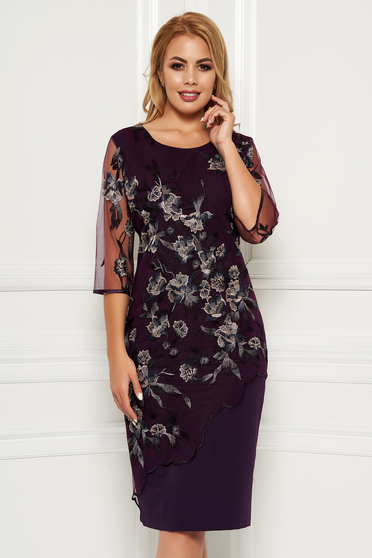 Purple elegant midi dress arched cut cloth lace overlay
