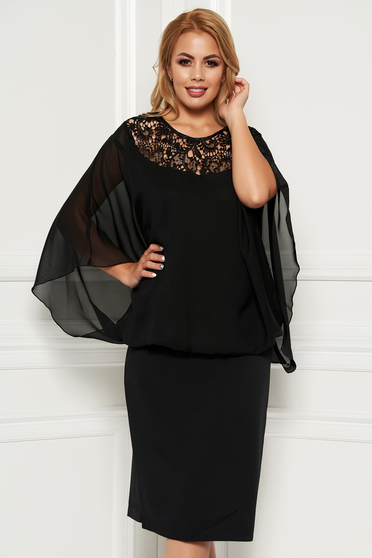 Black occasional midi dress non-flexible thin fabric voile overlay with lace details