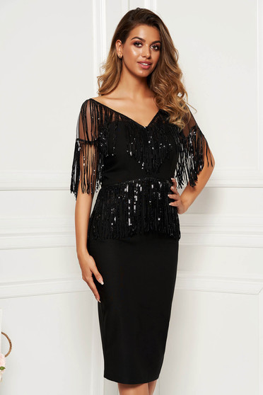 Black dress occasional pencil corset cloth with v-neckline net shoulders with sequin embellished details