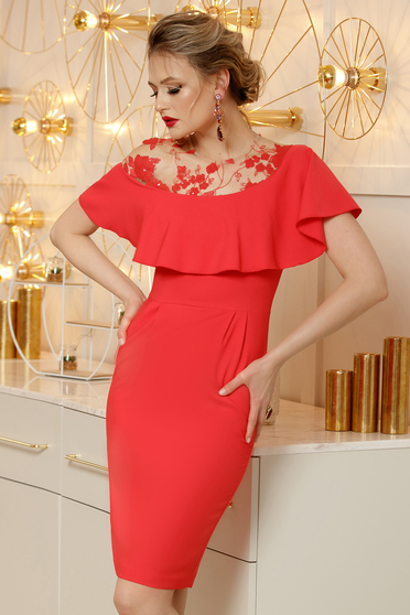 Coral dress elegant pencil cloth midi with ruffles on the chest back slit with sequin embellished details with embroidery details