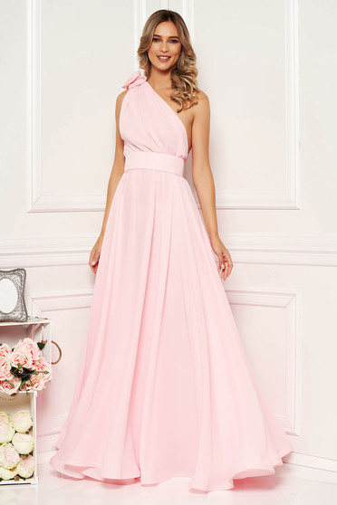 Ana Radu lightpink occasional cloche dress from veil fabric accessorized with tied waistband long one shoulder
