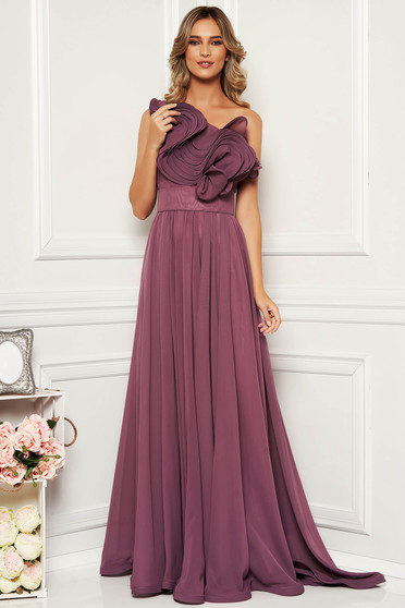 Ana Radu purple luxurious dress from veil fabric with inside lining with ruffle details accessorized with tied waistband one shoulder