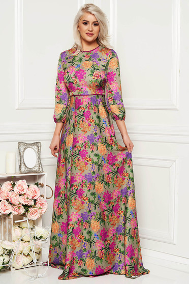 Green dress occasional elegant cloche long sleeve from satin fabric texture long with floral print