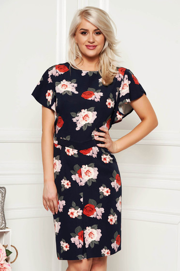 Darkblue elegant pencil dress short sleeve soft fabric with floral prints midi