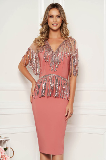 Lightpink dress occasional pencil corset cloth with v-neckline net shoulders with sequin embellished details