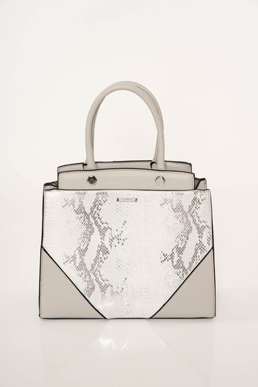 Grey bag office from ecological leather snake print short handles dettachable shoulder strap