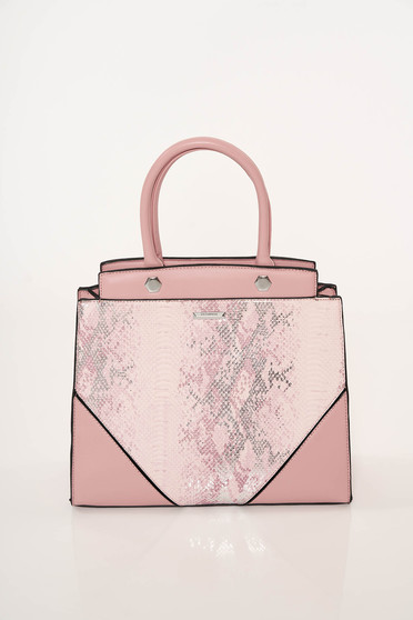 Pink bag office from ecological leather snake print short handles dettachable shoulder strap