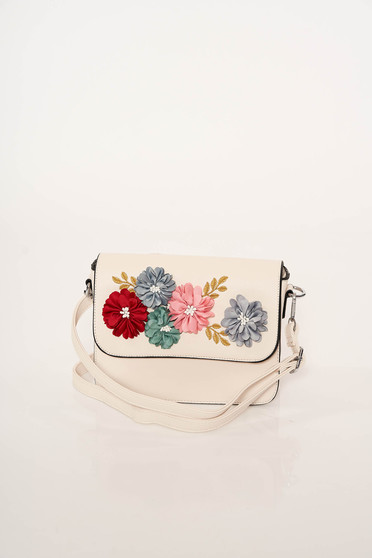 Ivory bag elegant from ecological leather with floral details dettachable shoulder strap