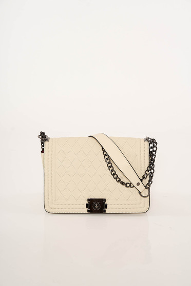 Cream casual bag from ecological leather long chain handle