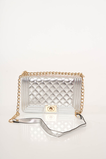 Silver casual bag from ecological leather metallic chain accessory