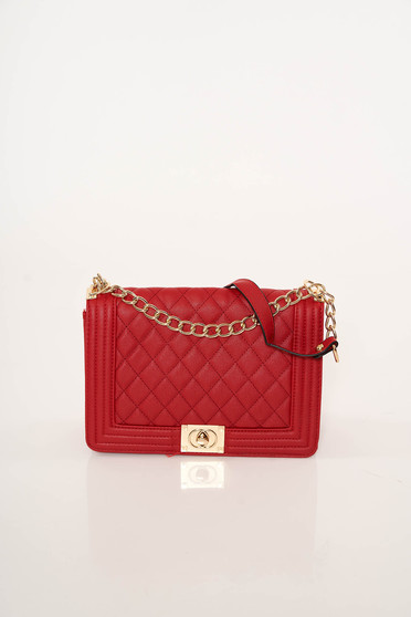 Red casual bag from ecological leather metallic chain accessory